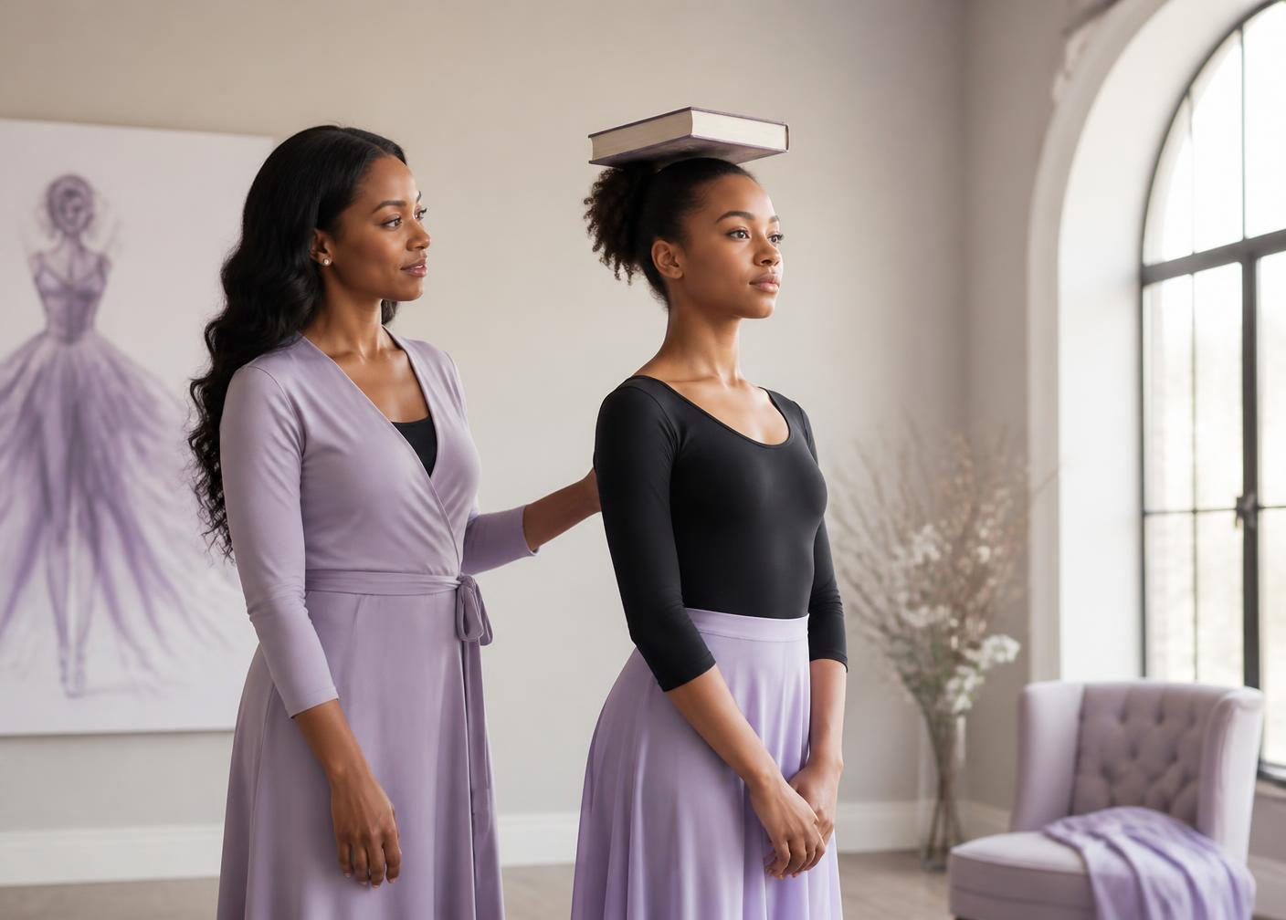 A mentor guiding a young model through posture practice